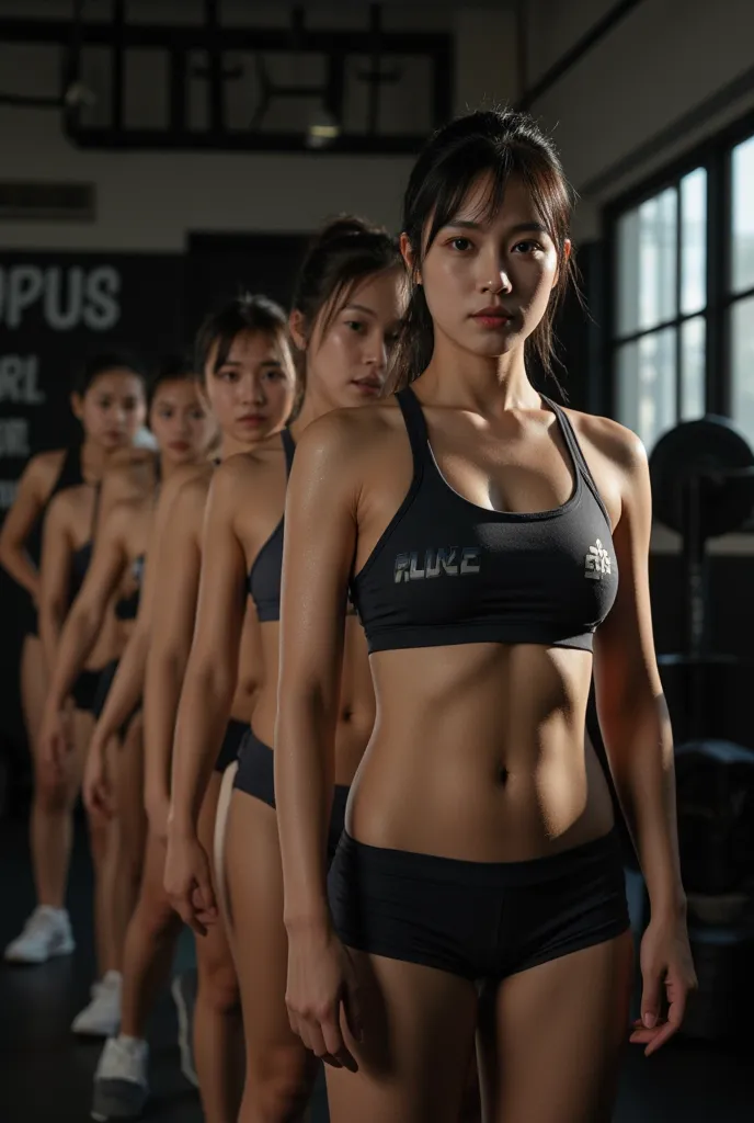 group of athletic asian women wearing sports bras and shorts standing in line at indoor military physical fitness class. sweaty. photograph