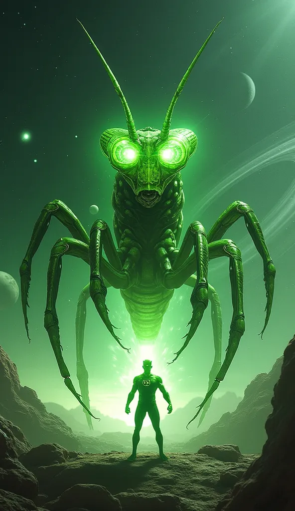 "A luminous, alien-like mantis hovers in the zero-gravity void of deep space, its massive, emerald-colored exoskeleton shimmering under distant starlight. Green Lantern floats before it, his ring glowing intensely, forming a massive energy construct in def...