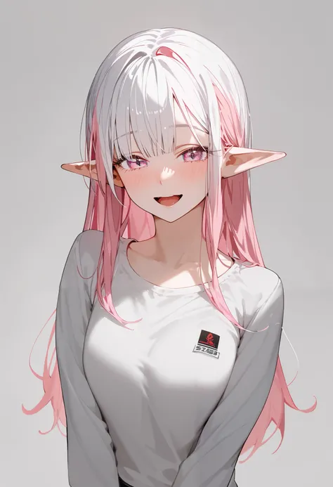 girl、 Pink Hair、 long hair、Pointed ears,ในตาสีชมพู multi colour hair, white hair,medium chest,Shy,Smile wryly,Short mouth,gray background,Tall,Focus on the face,Long Sleeve Shirts,Open your mouth