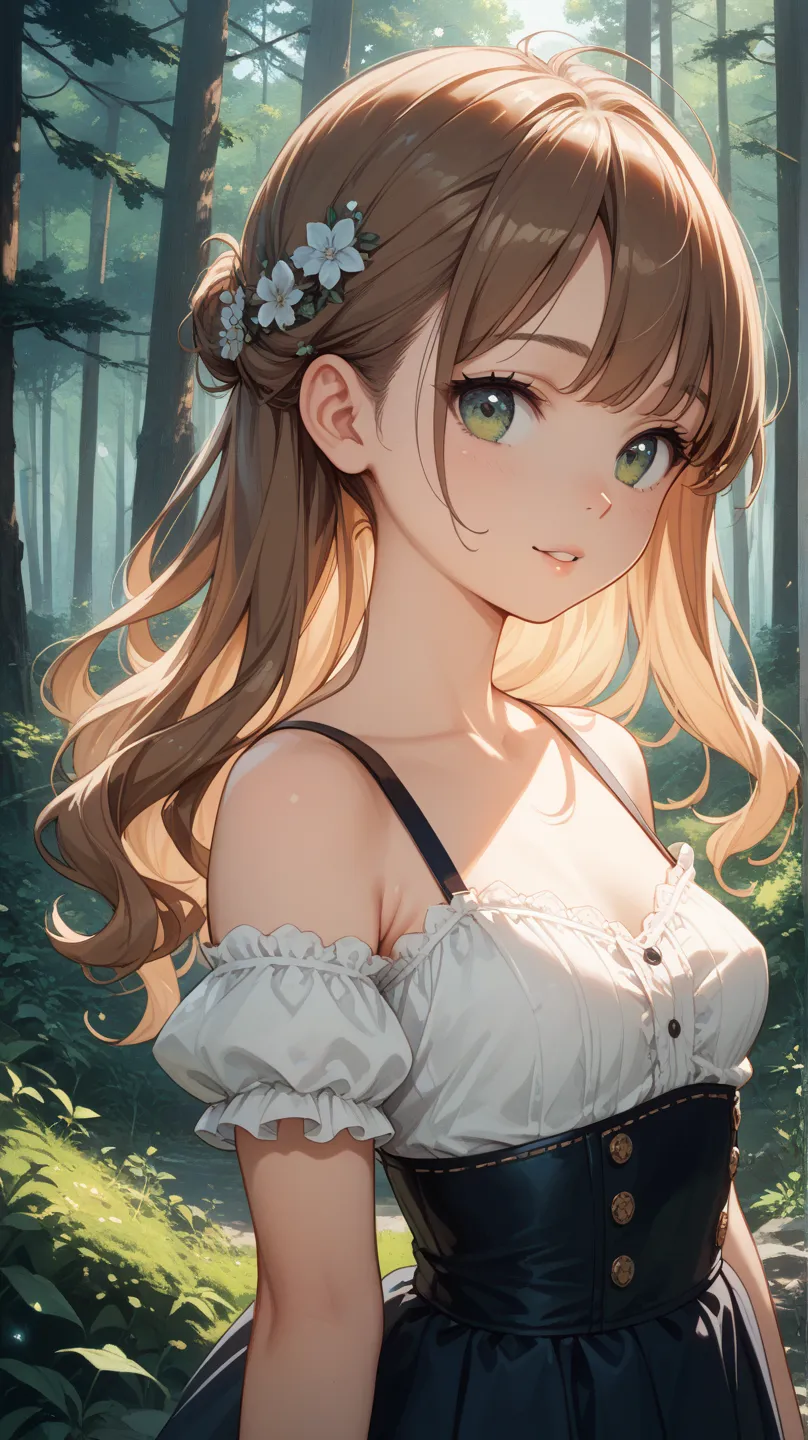 Anime Style Girl Human Small Breasts Nude Hands Unseen Angle of View Brown Hair Long Hair Upper Body Up in the Forest