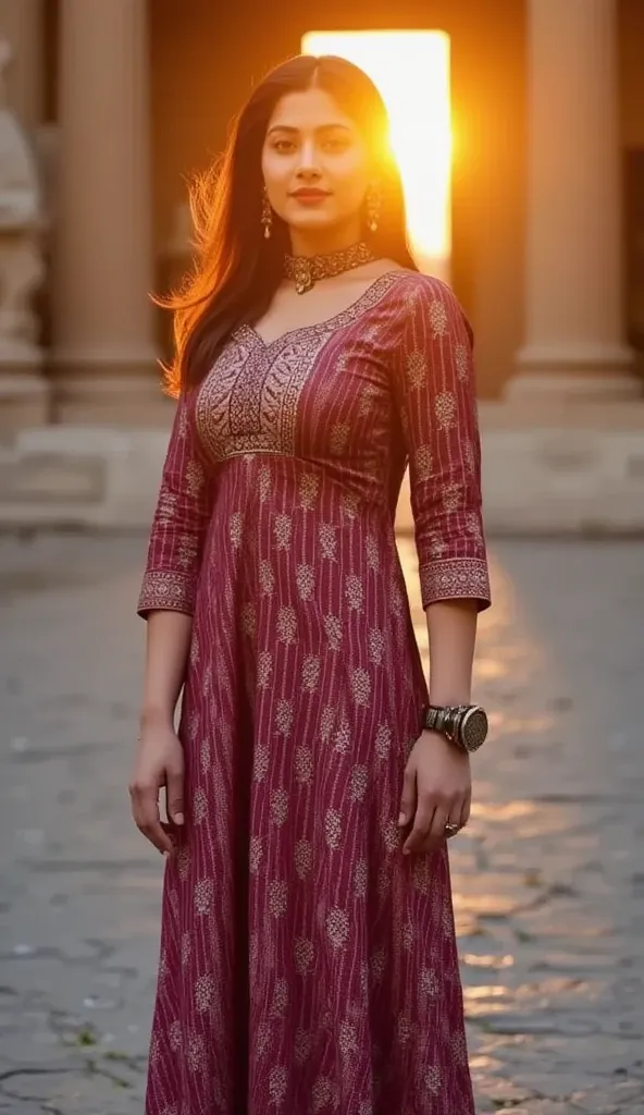 A woman dressed in a rich maroon and gold salwar kameez with intricate zari work. She’s standing at the steps of a temple as the sun sets behind the tall pillars, casting a warm golden glow. The atmosphere is sacred and serene, with temple bells and incens...