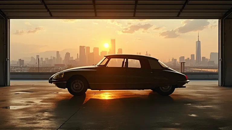 A cinematic shot of the Citroën DS 23 parked inside a spacious garage with a large glass wall overlooking a modern city skyline at dusk. The vehicle’s silhouette is accentuated by the fading golden light.  
