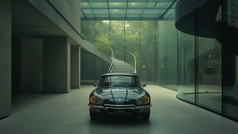 A cinematic image of a luxury garage with a spiral staircase leading to a glass-walled lounge. The Citroën DS 23 is displayed prominently below, creating an artistic contrast between design and engineering.  
