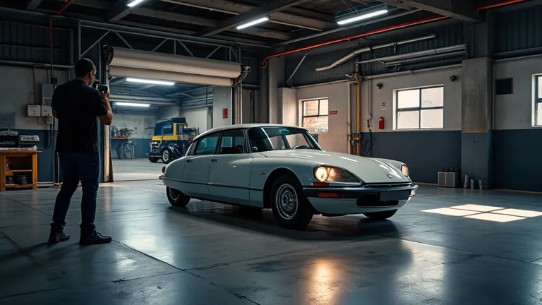 A hyper-realistic 8K image of a professional photographer taking high-end shots of the Citroën DS 23 inside a sophisticated studio-style garage. The softbox lighting highlights the curves and reflections of the car’s body.  
