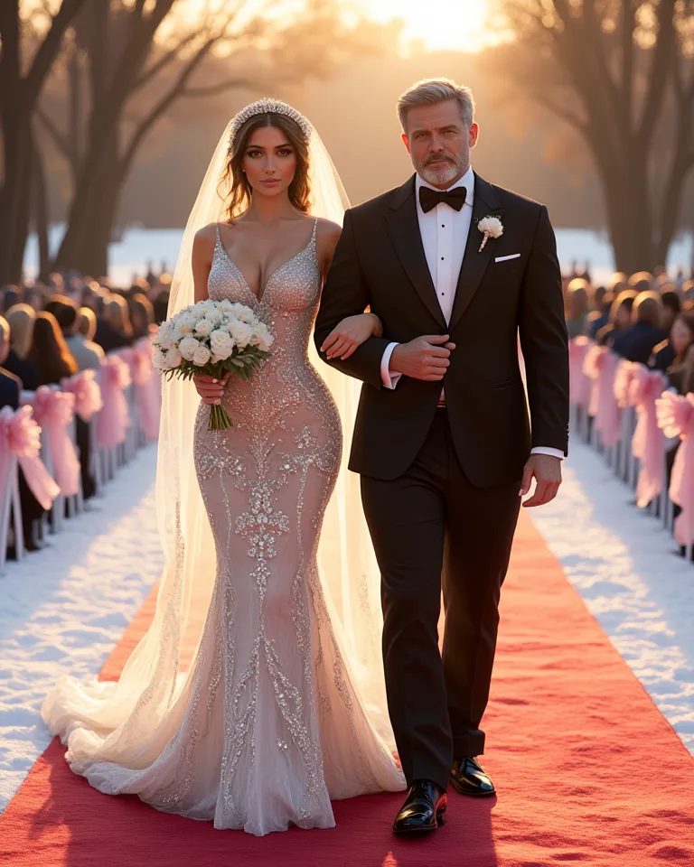   An outdoor wedding at sunset in a winter setting, A FULL BODY IMAGE AN EXTREMELY BEAUTIFUL WOMAN with European features ((Arabic)),  of delicate features, brown hair, brown eyes, blushed cheeks, shiny skin, white skin,  big breasts,  Curves of Goddess. S...