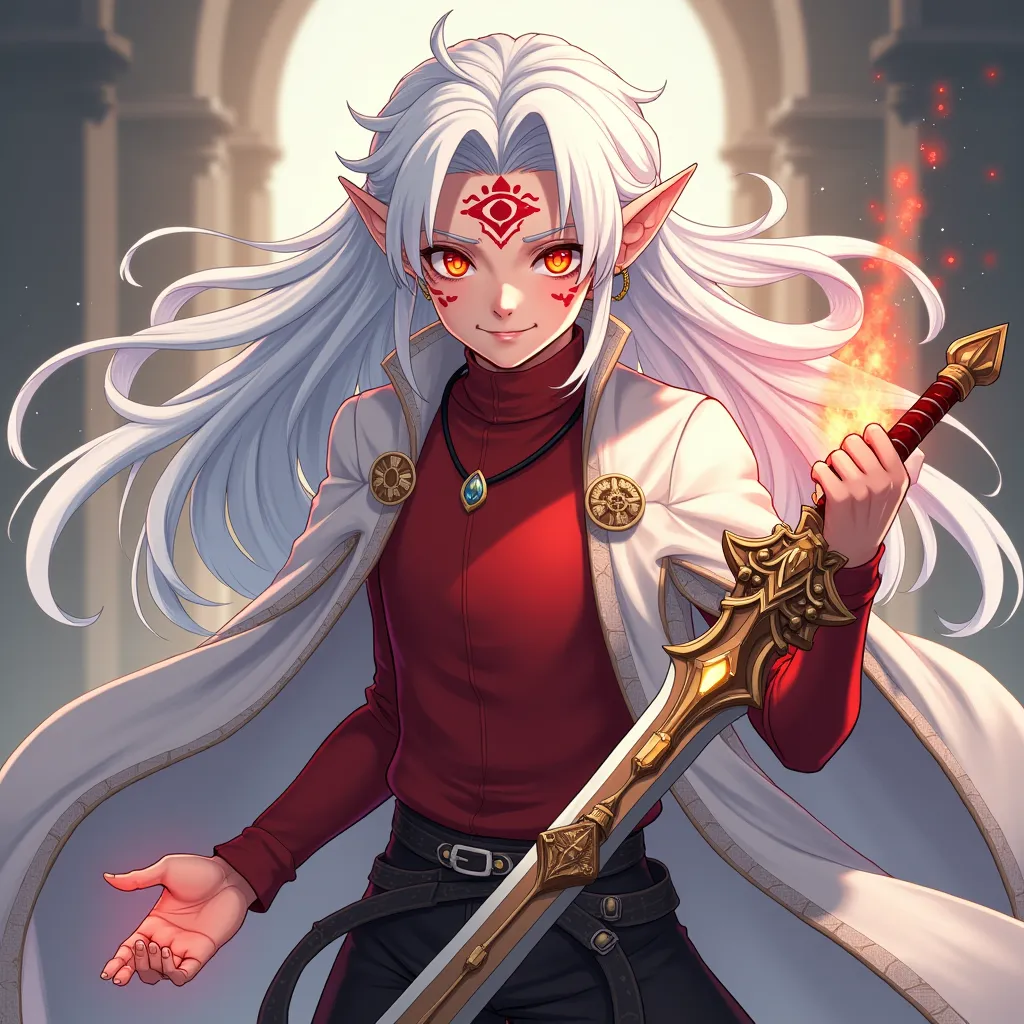 Elf legendary male hero ,youthful looking , with long white hair,  red glowing eyes , with a smirk and red cloud tattoos on his face with an earring in the shape of an eye, there is a third eye on the forehead with a golden pupil , is wearing a luxurious w...