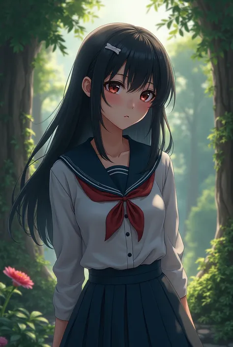 (Extremely detailed 8k unity CG wallpaper), (best illustration), (best shadow), anime, cute 1girl mature , student , student clothes long sleeve , long black hair, Hime cut , head bow