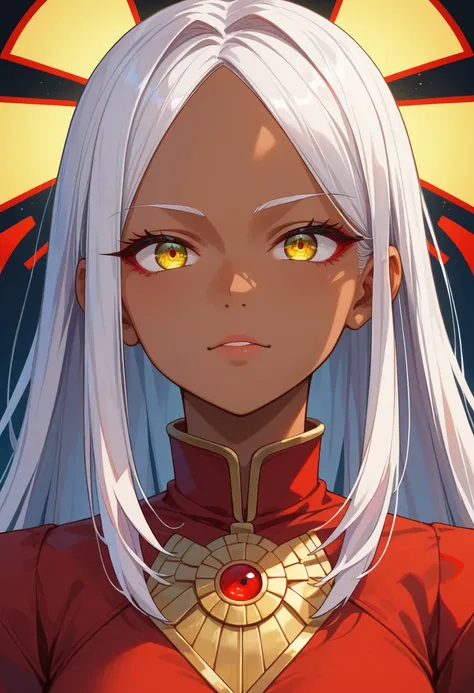 score_9, score_8_up, score_7_up, (Masterpiece, very high quality, very detailed representation, amazing high definition, high quality anime drawings, style-anime), Portrait of a dark-skinned girl with white hair and (yellow left eye and red right eye: 1.4)...