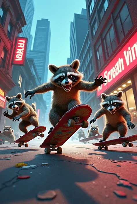 Group of unclothed raccoons riding skateboards and filming tricks in the streets. 
Animated hip hop urban style