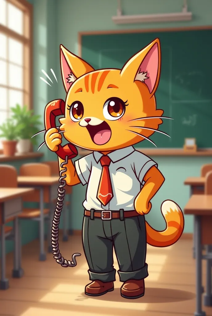 The orange cat wearing a school uniform has an incoming call with a shocked expression in classroom
