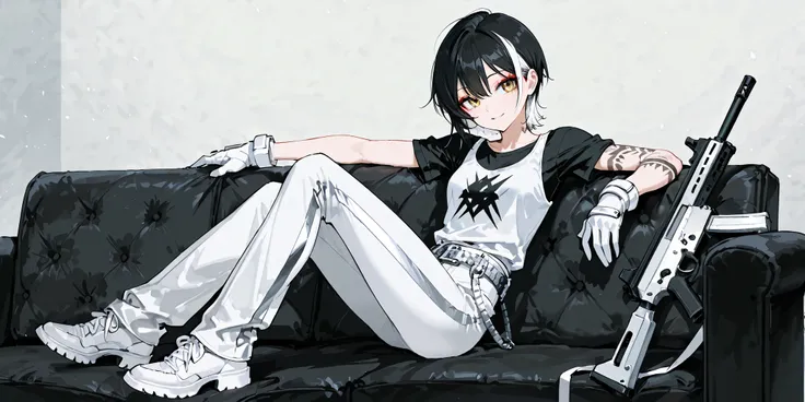 score_9, score_8_up , score_7_up , score_6_up , score_5_up , score_4_up , 4K, 8k, 1girl , white pants, Alone, White-bell-bottoms-pants, Black short hair with white streaks,Golden eyes, White tank top in a short-sleeved black T-shirt, Silver-patterned clot...