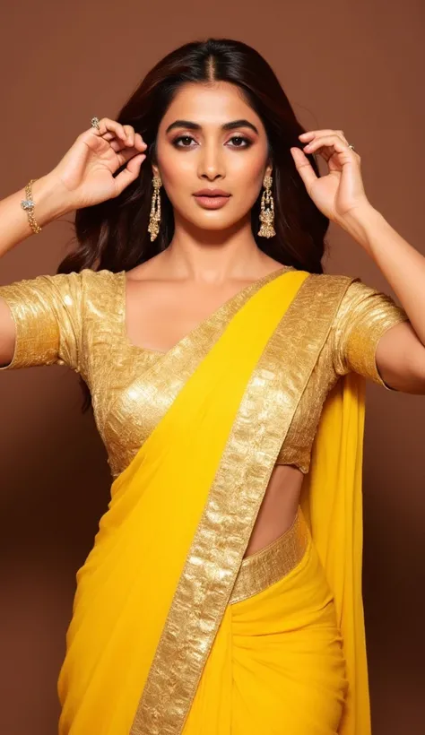 Generate a close up front image of a woman in a golden yellow shining silk saree. The saree has intricate floral designs. The blouse has golden border finish with box patterns. The woman is giving a sexy, seductive and bold. Her hands are up adjusting the ...