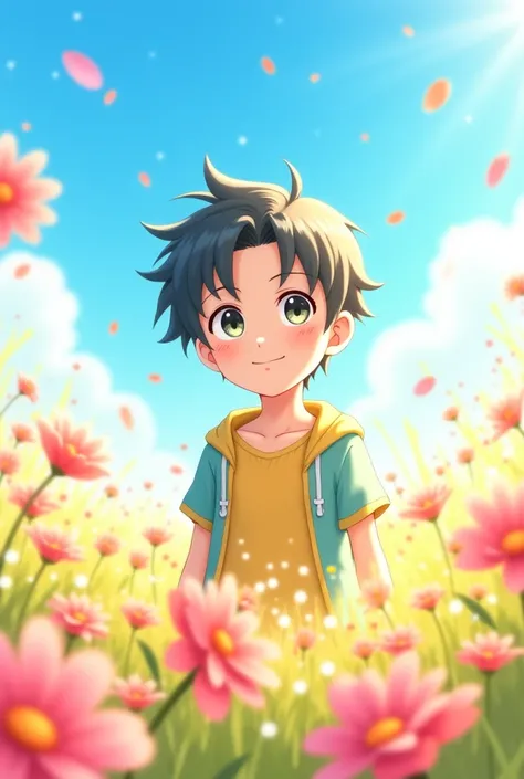 An adult anime character 
in a flowery field on a happy sunny day looking at the observer 