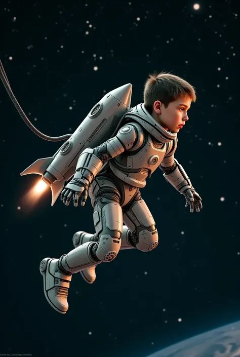 A boy dressed as a robot with a rocket tied to his back with a rope in space 