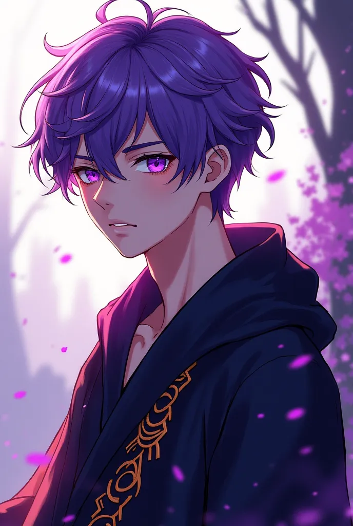 A handsome man with purple eyes and purple hair. He's wearing black robes with a bit of orange on the robes. Anime style