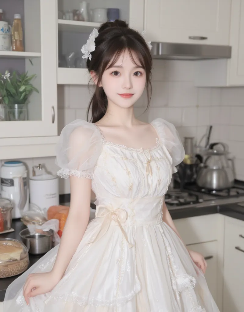 (8k, best quality, masterpiece: 1.2), (realistic, realistic, photorealistic: 1.37), 1 girl, hyper detail, beautiful detail eyes, beautiful detail nose, (((1girl))), Lolita dress, 7 minutes, kitchen, smile,