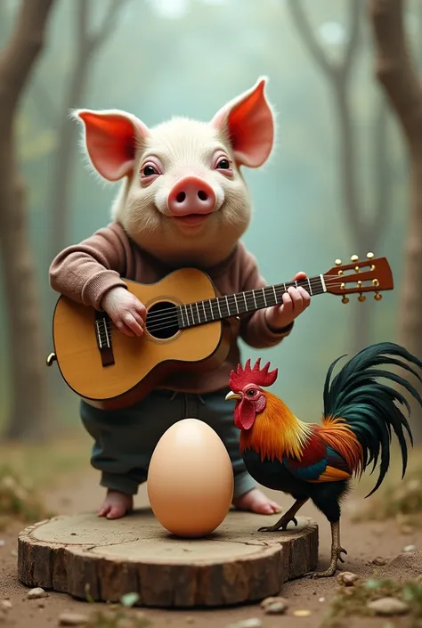 Pig that plays the call that above the guitar there is a rooster that lays an egg