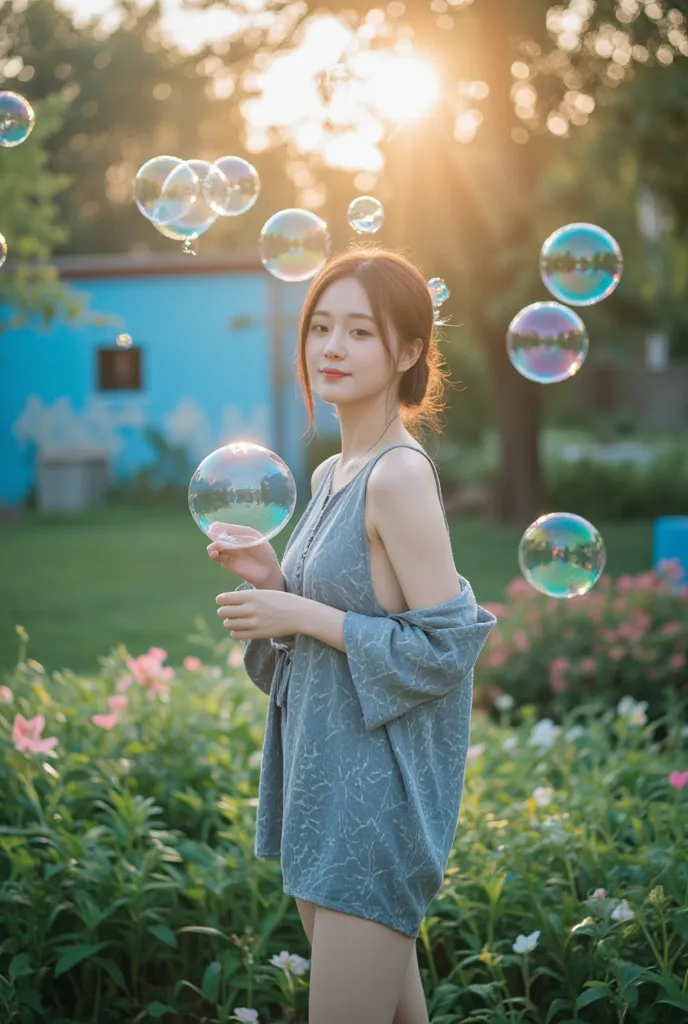 A beautiful asian girl, Wearing big size casual clothes sleeveless pattern ,standing enjoying playing big bubbles on the  blue garden, sunset 
