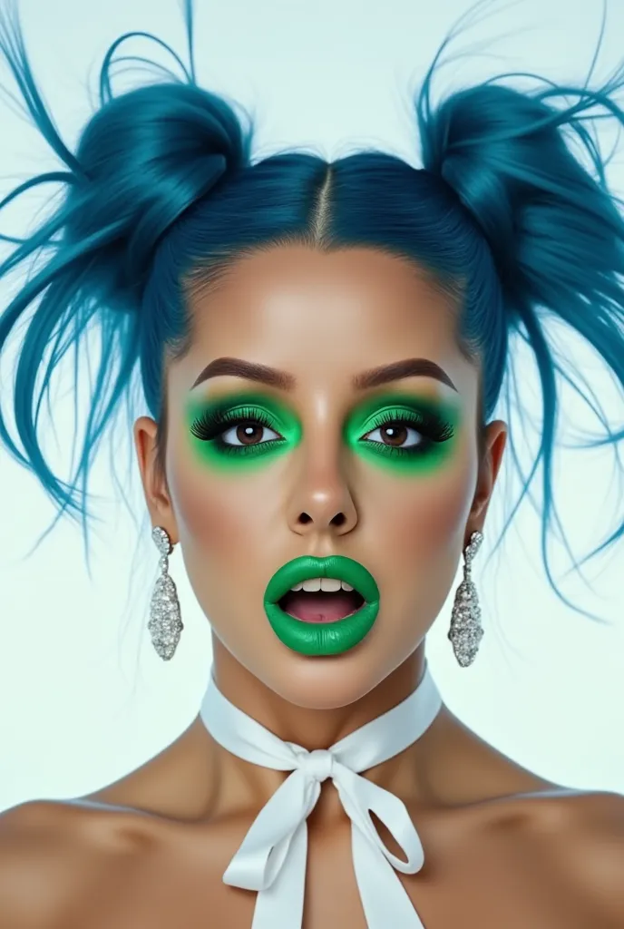 incredibly long and voluminous eyelash extensions, bright green shadows, green lips ,  crazy facial expression,  Wide mouth, disheveled blue hair, folded into two long bundles,  diamond earrings , white ribbon on the neck, thin blouse, white background and...