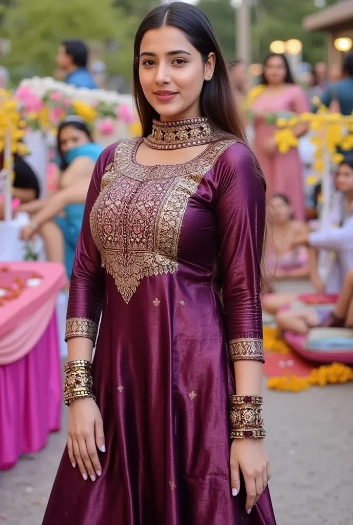 An Indian woman adorned in a rich, deep purple and gold salwar kameez, with intricate threadwork and a luxurious fabric that glistens in the light. She’s standing at a wedding venue with colorful flowers and traditional decorations around her. The atmosphe...