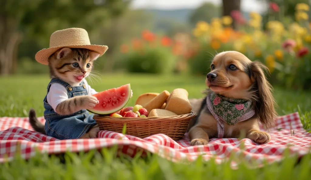 An ultra realistic kitten having a picnic in the countryside with his pet dog.

The kitten wears denim overalls and a straw hat, holding a basket full of bread and fruit.
The small dog wears a bandana and is lying on the side, licking a slice of watermelon...