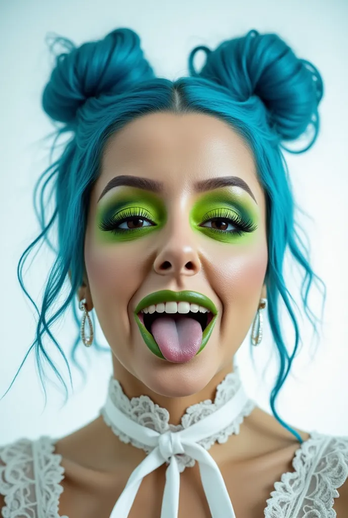 incredibly long and voluminous eyelash extensions, bright green shadows, green lips ,   crazy smile ,  Wide mouth, achegao, milk in the mouth, disheveled blue hair, folded into two long bundles, diamond earrings, white ribbon around the neck, thin blouse, ...