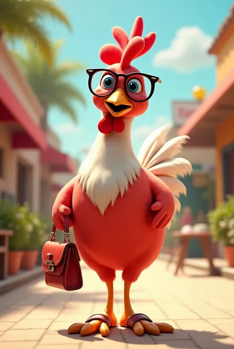 A red and white chicken  , herself wearing glasses ,  bag and heeled sandal 
