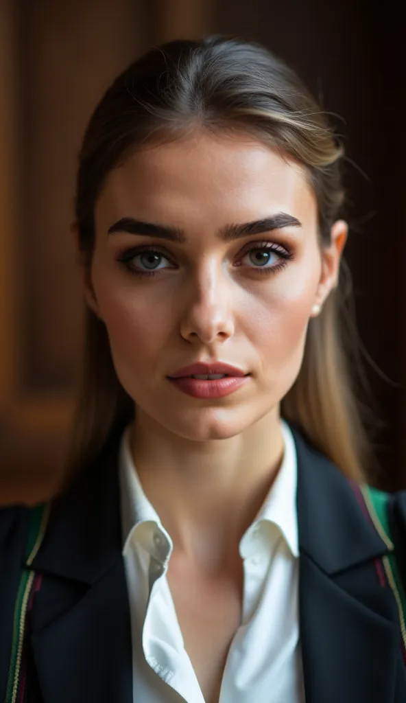 A close-up shot of a determined female lawyer’s face, capturing her unwavering confidence and pride. Her sharp, focused eyes convey strength as she speaks with conviction, her lips moving with precise articulation. Her head is held high, chin slightly rais...