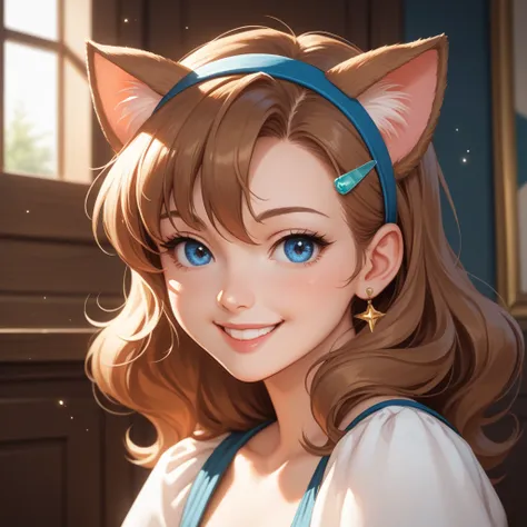 1girl, Long Hair, Smile, Blue eyes, Brown Hair, Hair Between Eyes, Cowboy Shot, Cat Ears, Hair Clip, 