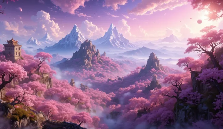 obra maestra,  The Great Wall  (china) granulate, a large cherry blossom forest,  clouds everywhere ,  A planet in the sky ,  The Great Wall  (china) muy detailed, hermoso bosque de flor de cerezos de color granulate, clouds all over the landscape,  a beau...