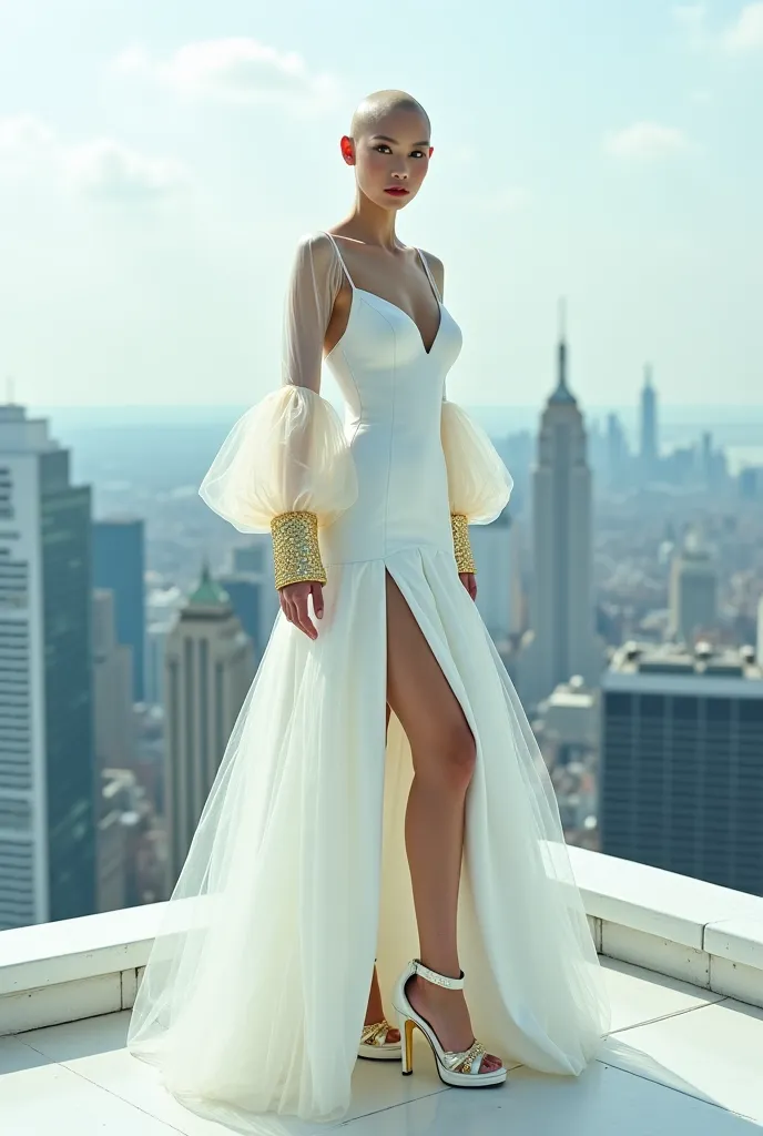 bald model stands on the 40th floor on the roof in a very long, tight white dress in the style of houte coulture Dior, the sleeves are made of transparent tulle, finished with gold cuffs, it has a very high slit on the leg, the model stands facing the came...