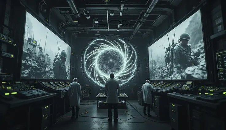 Future scientists studying time travel and how to change events and wars, like the Vietnam War, In a huge room full of holograms and giant screens you can see images of the Vietnam War and soldiers,scientists in white coats and modern clothes, futuristic s...