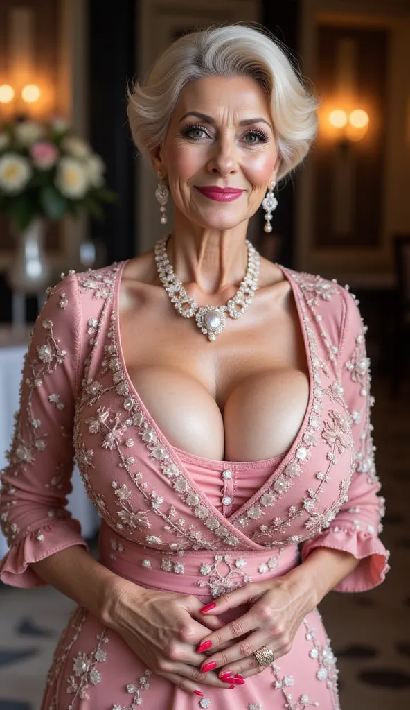 A 95-year-old grey blonde sexy granny with a thick figure, wearing light pink colorful festive and luxurious dress with many ornaments and decorations. huge breasts. Standing at a short, full-length. Short girl with slim legs. Short hairstyle. Short dark b...