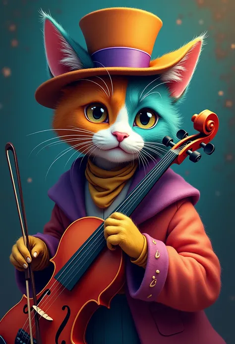 This is a picture of a distinctive cat with bright fur colors, wearing a striking hat and carrying a violin in an attractive way, perfect for attracting attention and achieving high views. If you want any additional modifications, tell me!

