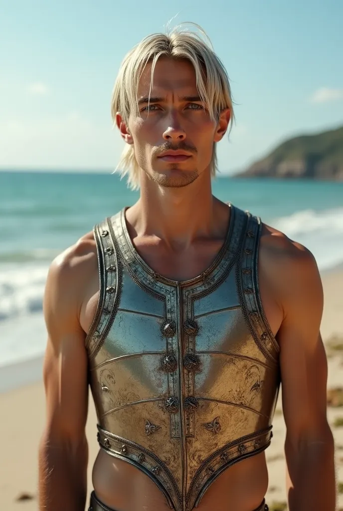  White-skinned man , Straight hair , on the beach showing the breastplate