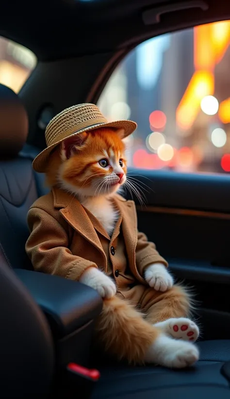 A small, light-orange kitten with fluffy fur, now wearing a luxurious tailor-made suit but still keeping its signature straw hat, sits in the driver’s seat of a sleek black luxury car. The kitten looks out of the window at the bustling city lights with a p...