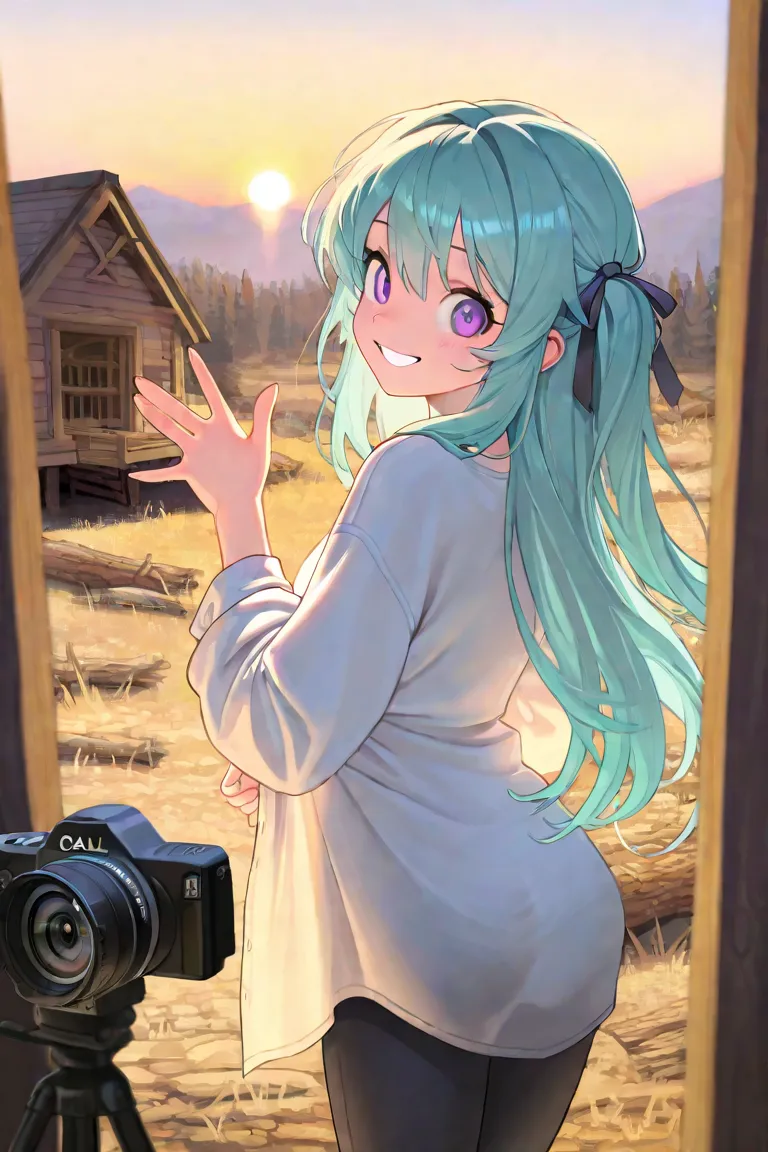 masterpiece, best quality, insanely detailed, exquisite, beautiful, log cabin, 1 girl, glad, happy, grinning, waving at the camera, looking back, long hair, aqua hair, purple eyes, hair ribbon, undone clothing, UwU, kawaii, light atmosphere, calm atmospher...