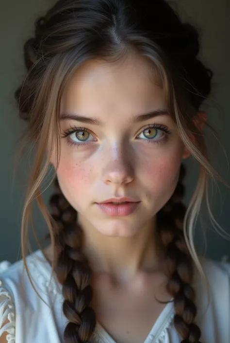 generate a command prompt based on this image of a young woman with fair skin, with delicate features that highlight her physical fragility. Her eyes mix shades of hazel with shades of light purple, giving her an appearance that seems to reflect vulnerabil...