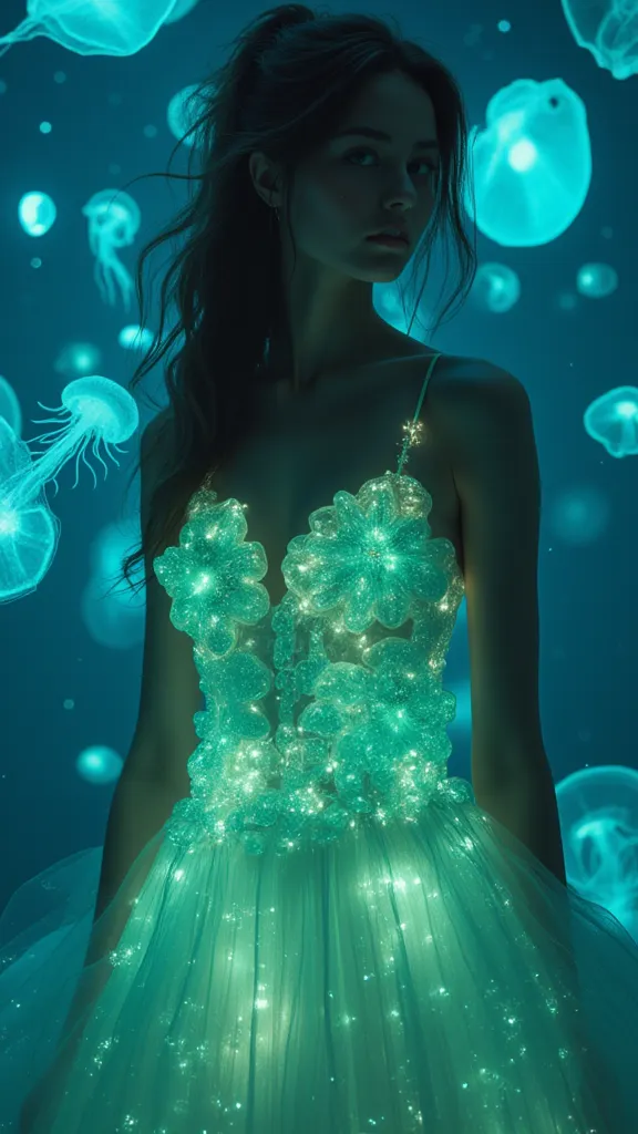 woman wearing a dress made of bioluminescent jellyfish, detailed facial features, elegant posture, serene expression, hyper-realistic, 8K, cinematic lighting, photorealistic, oil painting, masterpiece, dramatic color palette, vibrant blues and greensWoman ...