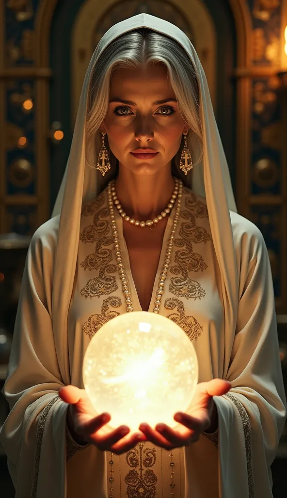 A woman in her 60s with wise and expressive eyes, pearl necklaces dressed in an elegant traditional tunic adorned with intricate embroidery. She wears a matching hooded veil and multiple.  on your hands, Hold a large crystal ball, whose light gently illumi...