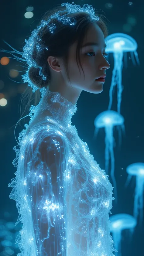 woman wearing a dress made of bioluminescent jellyfish, detailed facial features, elegant posture, serene expression, hyper-realistic, 8K, photorealistic,  masterpiece, 