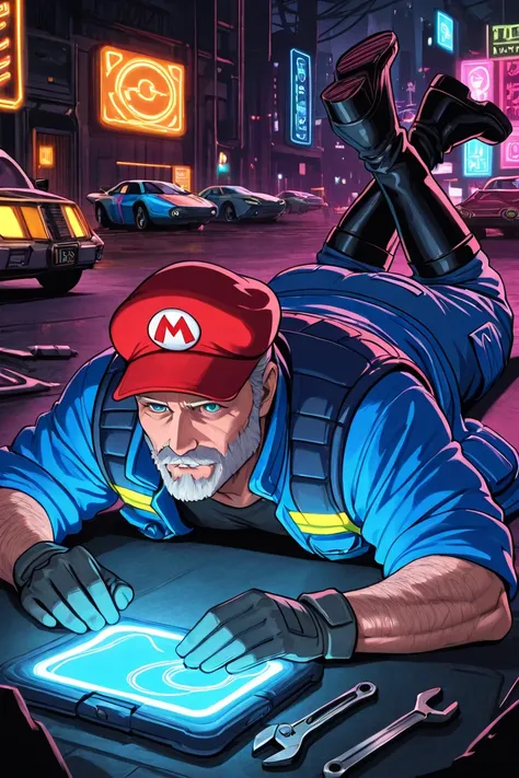 “Create Mario in a futuristic cyberpunk style, keeping his iconic design. He has a red cap with neon blue stripes, and his blue jacket has been replaced by a high-tech vest with lots of pockets and screens. His gloves and boots have mechanical parts that g...