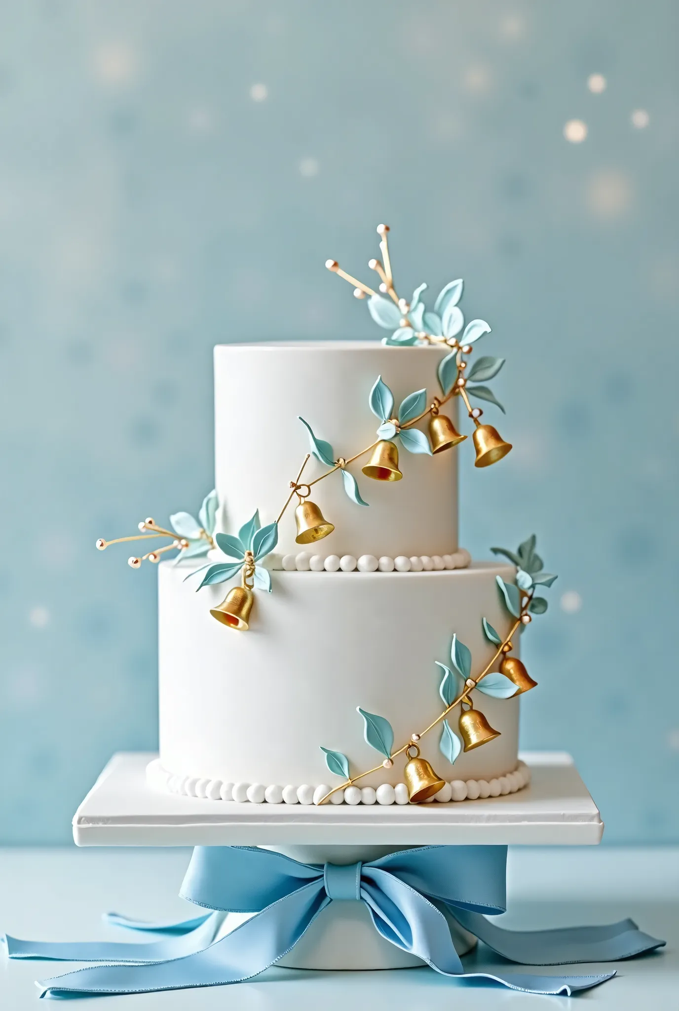 A two-tier wedding cake with a smooth white fondant finish, elegantly decorated with golden bell-shaped hanging from delicate light blue ribbons. The bells are arranged in a garland-like pattern, draping gracefully around the cake. The base of the cake fea...