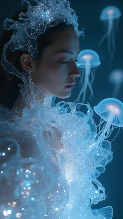 woman wearing a dress made of luminescent jellyfish, detailed facial features, elegant posture, serene expression, hyper-realistic, 8K, photorealistic,  masterpiece, 