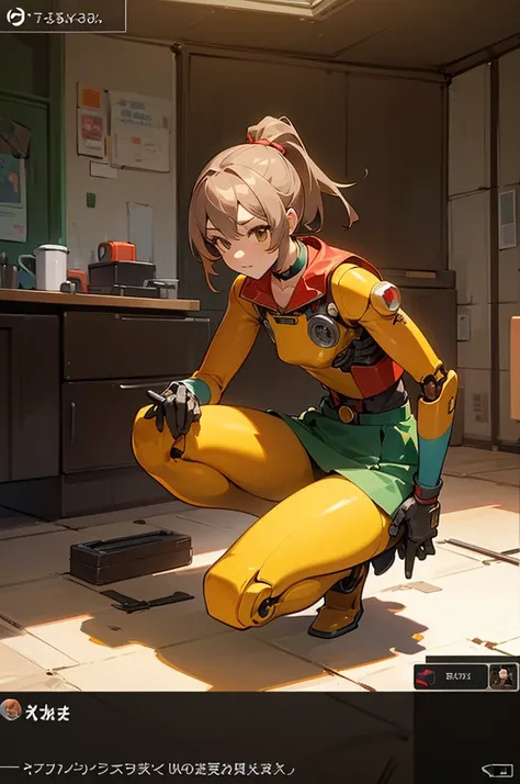 Anime screencap, masterpiece, best quality, detailed face, detailed eyes, 1girl, solo,((repairing a robot)), holding tools, mechanic, light brown hair, brown eyes, red yellow jester costume, green skirt, white collar, bell chocker, ponytail, brown tighs, c...