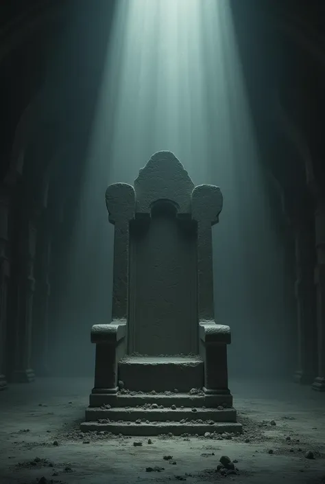 A stone throne in a dark hall, loneliness, desolation, darkness