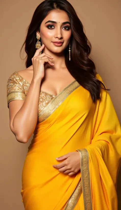 Generate a ultra realistic close up front image of a woman in a golden yellow shining silk saree. The saree has intricate floral designs. The blouse has golden border finish with box patterns. The blouse is half sleeve. The woman is giving a sexy, seductiv...