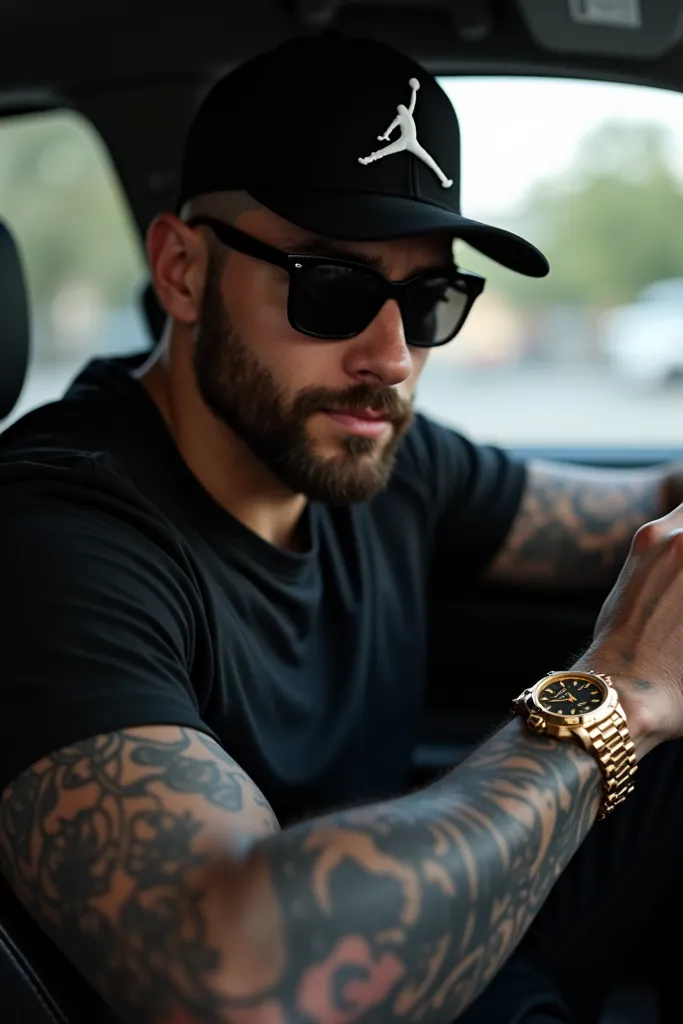  Young handsome white man stuffed with  , with beard ,   dark lenses,  Jordan brand black cap,   dressed all in black , driving a Toyota  , with tattooed arm  , With a gold watch  .