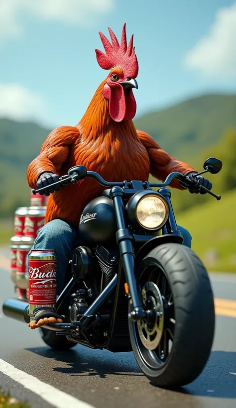 Create a rooster driving a motorcycle with a body filled with Budweiser beer on the back 