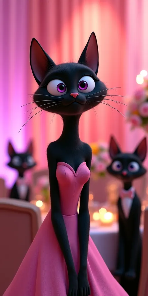 A tall black female cat with large, expressive purple eyes, appearing shocked or upset. She wears a simple pink gown, and her posture suggests surprise or distress.
Background: A wedding reception setting with pink drapes and floral decorations. Other anth...